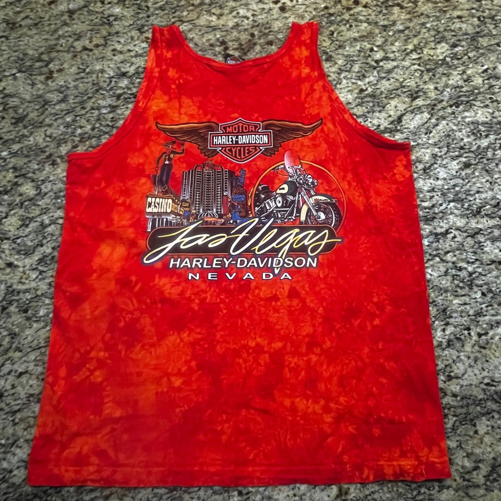 Vintage 2002 Harley-Davidson Las Vegas Nevada Tie Dye Tank Top Men 2X Red Orange